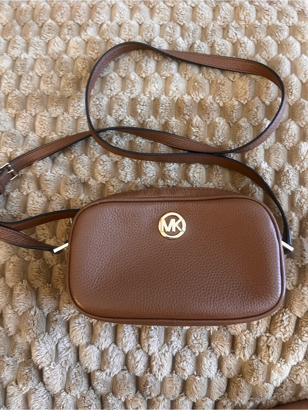 Michael Kors Chestnut Pebbled Leather Crossbody with Gold MK Logo